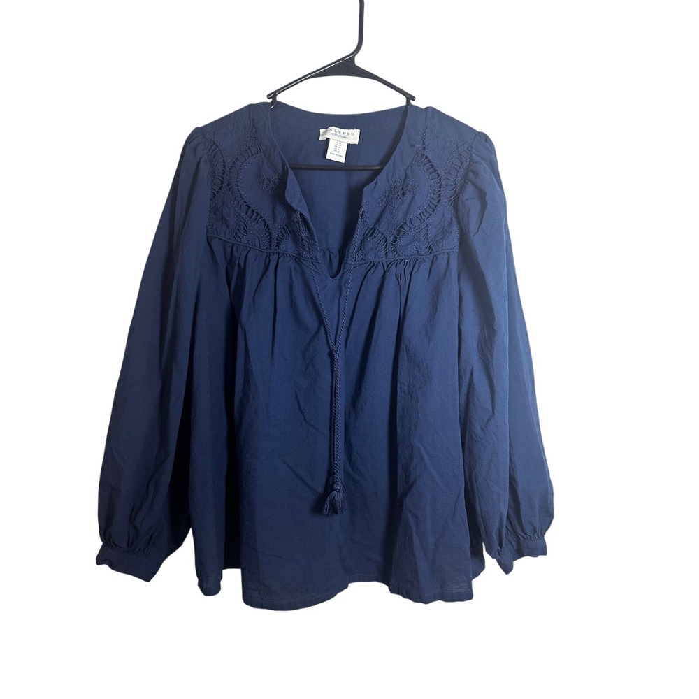 Calypso St. Barth Navy Blue Cotton Embroidered Peasant Blouse Tassel Top 1X